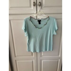 Axcess Liz Claiborne Womens Blue Short Sleeve Lettuce Edge Neck Cotton Tee Small